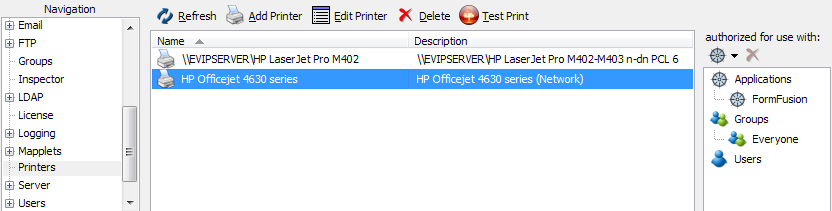 Selecting a printer shows its authorized applications, groups, and users in the authorized for use with pane on the right.